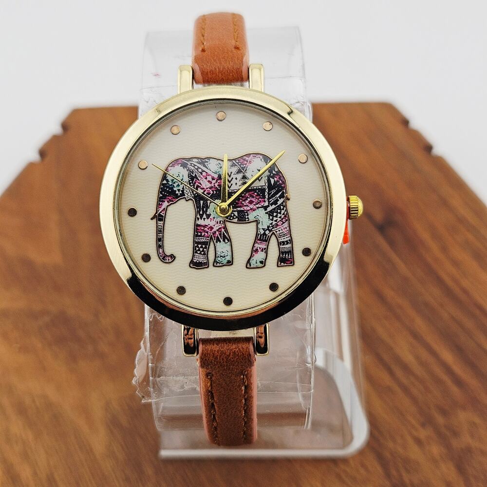 Sailor Jane Women's Elephant Watch Mosaic Boho Thin Brown Faux Leather Band